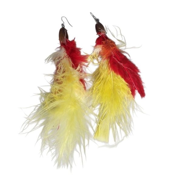 Silver Plated Red Yellow Feather Dangle Earrings - Picture 1 of 3